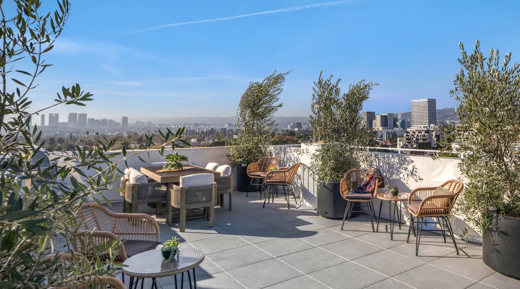 a deck with chairs and a tree
